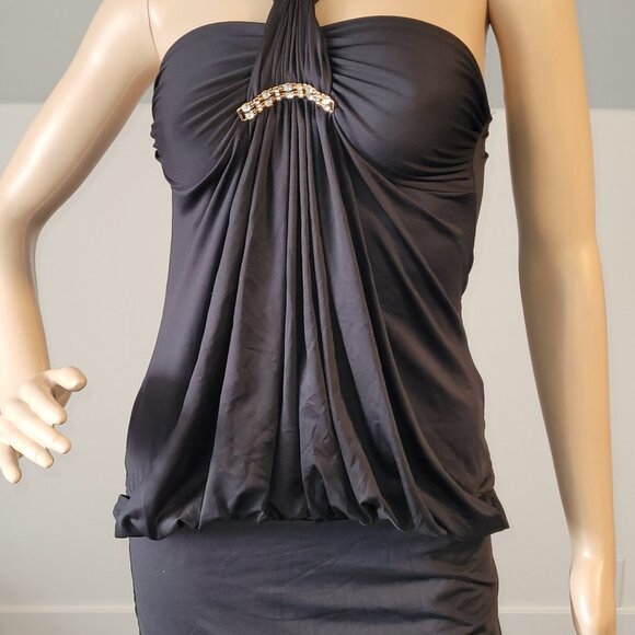 Sexy Women Black Dressy Blouse Stretch Tunic with Gold Rhinestone Accent Small - Picture 2 of 5